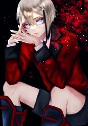 Rule 34 | 1boy, absurdres, black background, black hair, blonde hair, blue eyes, boots, closed mouth, highres, hyuuga masamune, long sleeves, looking at viewer, male focus, multicolored hair, red sweater, red theme, shirt, short hair, shorts, solo, sweater, touken ranbu, white shirt, zasikirou