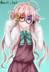 Rule 34 | 10s, 1girl, 2016, ahoge, anti (untea9), commentary request, double bun, dress, novelty glasses, glasses, highres, kantai collection, long hair, long sleeves, looking at viewer, makigumo (kancolle), pink hair, sleeves past wrists, smile, solo, twintails, twitter username, yellow eyes