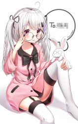 Rule 34 | 1girl, adjusting eyewear, bad id, bad twitter id, black bow, black ribbon, blush, bow, censored, character request, copyright request, fake censor, garter straps, glasses, hair ribbon, highres, korean text, looking at viewer, mosaic censoring, open mouth, rabbit, red eyes, ribbon, silver hair, smile, speech bubble, superpig, teardrop-framed glasses, text focus, thighhighs, twintails, white thighhighs