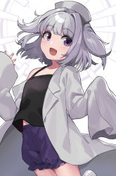 Rule 34 | :d, black shirt, blunt bangs, brown eyes, camisole, commentary request, frilled shorts, frills, grey hair, hair intakes, hand up, hat, highres, lab coat, lapels, leg up, light blush, long sleeves, medium hair, nurse cap, off shoulder, open mouth, original, oversized clothes, puffy shorts, shirt, shorts, sleeves past wrists, smile, solo, syringe, two side up, ucmr thor