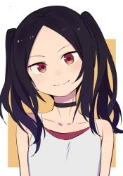 Rule 34 | &gt;:), 1girl, aki poi, bare shoulders, black choker, black hair, blush, choker, closed mouth, collarbone, commentary request, forehead, head tilt, long hair, original, parted bangs, red eyes, smile, solo, tank top, twintails, v-shaped eyebrows, white tank top