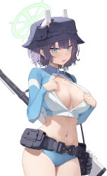 Rule 34 | 1girl, absurdres, aqua eyes, bikini, blue archive, blush, breasts, cleavage cutout, clothing cutout, commentary request, dated, gun, halo, headgear, highres, large breasts, looking at viewer, navel, official alternate costume, purple hair, purple headwear, raglan sleeves, revision, saki (blue archive), saki (swimsuit) (blue archive), short hair, simple background, solo, stomach, sukaliya, sweat, swimsuit, thighs, weapon, white background