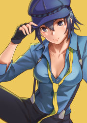 Rule 34 | 1girl, absurdres, black gloves, black hair, black pants, blue eyes, blue hat, blue shirt, breasts, buttons, cabbie hat, closed mouth, collarbone, collared shirt, fingerless gloves, gloves, hair between eyes, hand on headwear, hand up, hat, highres, joeychen, lips, long sleeves, looking at viewer, medium breasts, medium hair, necktie, pants, partially unbuttoned, persona, persona 4, persona 4: dancing all night, persona dancing, shirogane naoto, shirt, sidelocks, simple background, smile, solo, suspenders, undone necktie, upper body, wing collar, yellow background, yellow necktie