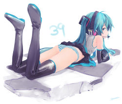Rule 34 | 1girl, 39, ass, bare shoulders, black thighhighs, blue hair, boots, detached sleeves, hatsune miku, headset, highres, long hair, lying, md5 mismatch, nail polish, on stomach, panties, pantyshot, shoumaru (gadget box), skirt, solo, striped clothes, striped panties, thigh boots, thighhighs, twintails, underwear, upskirt, very long hair, vocaloid