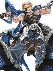 Rule 34 | 1boy, black shirt, blonde hair, blue eyes, clothes around waist, collarbone, denim, dong hole, english text, flag, flagpole, from below, guilty gear, guilty gear strive, highres, holding, holding weapon, jeans, looking at viewer, male focus, muscular, muscular male, open mouth, pants, shirt, shoes, short hair, simple background, sin kiske, solo, weapon, white background
