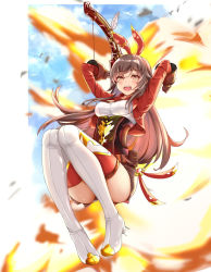 Rule 34 | 1girl, absurdres, amber (genshin impact), arms up, boots, bow (weapon), breasts, brown eyes, brown hair, day, explosion, full body, genshin impact, gloves, hair between eyes, hasiki, highres, holding, holding bow (weapon), holding weapon, long hair, long sleeves, looking at viewer, medium breasts, open mouth, outdoors, short shorts, shorts, solo, teeth, thigh boots, thighhighs, tongue, weapon