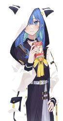 Rule 34 | 1girl, absurdres, animal hood, belt, black shirt, black skirt, blue eyes, blue hair, blush, bow, bowtie, choker, coat, colored inner hair, drinking straw, earrings, hand on own hip, hand up, highres, holding carton, hololive, hood, hooded coat, hoshimachi suisei, hoshimachi suisei (school uniform), jewelry, juice box, long hair, long sleeves, looking at viewer, multicolored hair, open mouth, pleated skirt, sailor collar, shirt, simple background, skirt, smile, solo, teeth, tsukino (nakajimaseiki), upper body, virtual youtuber, white background, white coat, yellow bow, yellow bowtie