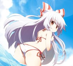 Rule 34 | 1girl, akaneya, ass, bikini, blue sky, bow, butt crack, cloud, from behind, fujiwara no mokou, grey hair, hair bow, light particles, long hair, looking at viewer, looking back, open mouth, outdoors, partially submerged, red eyes, sky, solo, swimsuit, touhou, white bikini, white bow