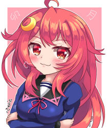 Rule 34 | 1girl, :3, ahoge, alternate breast size, blue shirt, blush, breasts, closed mouth, collared shirt, commentary request, crescent, crescent hair ornament, crossed arms, hair ornament, kantai collection, long hair, long sleeves, looking at viewer, medium breasts, neck ribbon, pink background, red eyes, red hair, red ribbon, ribbon, shirt, sills, sleeves past wrists, solo, twitter username, two-tone background, upper body, uzuki (kancolle), white background