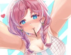Rule 34 | 1girl, absurdres, arknights, armpits, blue eyes, blue poison (arknights), blue poison (shoal beat) (arknights), braid, breasts, brz, cleavage, commentary, earrings, food, food in mouth, hairband, heart, highres, jewelry, large breasts, long hair, looking at viewer, mouth hold, pink hair, pocky, solo, sports bra, twin braids, upper body
