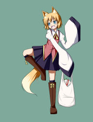 Rule 34 | 1girl, animal ears, bag, blonde hair, blue eyes, boots, fang, flat chest, fox ears, fox tail, full body, highres, inada (masu shu), kitsune, knee boots, long sleeves, masu shu, open mouth, original, shopping bag, short hair, simple background, skirt, smile, solo, standing, standing on one leg, tail, wide sleeves