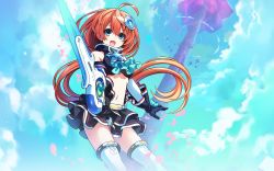 Rule 34 | 1girl, ahoge, bare shoulders, black gloves, blue eyes, breasts, elbow gloves, gloves, hair ornament, highres, holding, holding sword, holding weapon, long hair, medium breasts, midriff, navel, official art, orange hair, outdoors, petals, skirt, sky, solo, sword, thighhighs, tokyo clanpool, tsunako, weapon, zettai ryouiki