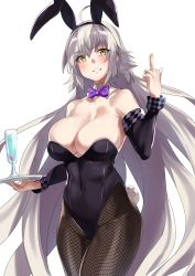 Rule 34 | 1girl, ahoge, animal ears, bare shoulders, breasts, censored, censored gesture, champagne flute, cleavage, commentary request, covered navel, cup, detached sleeves, drinking glass, fake animal ears, fate/grand order, fate (series), fishnets, highres, hotate-chan, jeanne d&#039;arc (fate), jeanne d&#039;arc alter (avenger) (fate), jeanne d&#039;arc alter (fate), large breasts, leotard, long hair, looking at viewer, middle finger, mosaic censoring, pantyhose, playboy bunny, rabbit ears, rabbit girl, silver hair, simple background, solo, very long hair, white background, yellow eyes