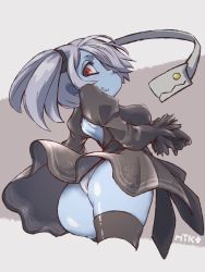 Rule 34 | 1girl, ass, black dress, blue skin, breasts, colored skin, cosplay, dress, highres, mtk hoshi, nier (series), nier:automata, skullgirls, solo, squigly (skullgirls), 2b (nier:automata), 2b (nier:automata) (cosplay), zombie