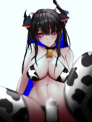 1girl absurdres animal_ears animal_print bell bikini black_choker black_hair blue_hair blurry blurry_foreground bottle breasts brown_horns choker closed_mouth colored_inner_hair commentary cow_print cow_print_bikini cow_print_thighhighs english_commentary hair_between_eyes highres hololive hololive_english horns large_breasts long_hair looking_at_viewer milk_bottle mole mole_under_eye multicolored_hair neck_bell nerissa_ravencroft pink_eyes print_bikini print_thighhighs simple_background small_horns soju_ice swimsuit thighhighs thighs underwear virtual_youtuber white_background