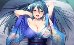 Rule 34 | 1girl, aqua eyes, aqua hair, arm behind head, arms up, ayagi daifuku, bed sheet, blue kimono, blurry, blurry background, blush, bow, breasts, cleavage, collarbone, hair between eyes, hair bow, head tilt, indoors, isuzu (kancolle), japanese clothes, kantai collection, kimono, large breasts, long hair, looking at viewer, lying, obi, on back, open mouth, sash, smile, solo, sweat, upper body, white bow