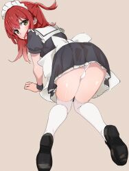 Rule 34 | 1girl, absurdres, all fours, apron, ass, black dress, black footwear, blush, bocchi the rock!, commentary request, dress, green eyes, highres, kita ikuyo, long hair, looking at viewer, looking back, maid, maid apron, maid headdress, one side up, panties, red hair, short sleeves, simple background, solo, thighhighs, thighs, ukitaryu, underwear, white apron, white thighhighs, wrist cuffs