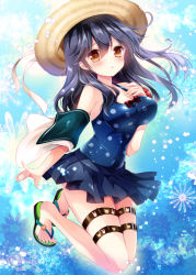 Rule 34 | 10s, 1girl, blue eyes, blush, breasts, brown eyes, gradient background, hand on own chest, hat, kantai collection, long hair, looking at viewer, nogi takayoshi, one-piece swimsuit, polka dot, polka dot swimsuit, sandals, skirt, solo, straw hat, swimsuit, thigh strap, ushio (kancolle)