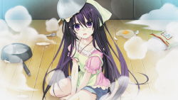 Rule 34 | 10s, 1girl, accident, apron, breasts, broken egg, burnt clothes, cream, date a live, egg, food, frying pan, game cg, headband, kitchen, long hair, looking at viewer, open mouth, purple eyes, purple hair, short shorts, shorts, sitting, solo, spoon, sweatdrop, tsunako, wooden floor, yatogami tooka