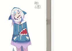 Rule 34 | 2girls, animal hood, animated, annoyed, audible speech, blue eyes, blue hair, blue hoodie, cowboy shot, door, english audio, fins, fish tail, from side, frown, gawr gura, gawr gura (1st costume), hololive, hololive english, hood, hoodie, long hair, long sleeves, making-of, multicolored hair, multiple girls, pacify, pushing, pushing away, shark hood, shark tail, sharp teeth, sketch, sound, standing, streaked hair, tail, teeth, thinking, two-tone hair, unhinged, video, virtual youtuber, white hair