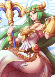 Rule 34 | 1girl, artist name, bare shoulders, belt, bracer, commentary, crossed legs, english commentary, green eyes, green hair, halo, jewelry, kid icarus, kid icarus uprising, long hair, mazume, nintendo, palutena, sitting, smile, solo, staff, thighhighs, tiara, very long hair, white thighhighs