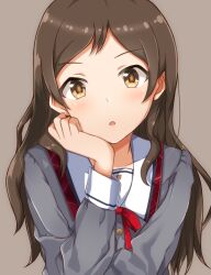 Rule 34 | black hair, blush, brown background, buttons, collar, collarbone, commentary request, dot nose, grey serafuku, grey shirt, hair over shoulder, head rest, idolmaster, idolmaster million live!, idolmaster million live! theater days, junior high schoolmate (idolmaster), kitazawa shiho, long hair, long sleeves, looking at viewer, naruse nagi, neck ribbon, official alternate costume, parted bangs, parted lips, plaid collar, red ribbon, ribbon, school uniform, serafuku, shirt, sidelocks, simple background, straight hair, upper body, wavy hair, white collar, yellow eyes