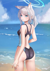Rule 34 | 1girl, absurdres, animal ear fluff, animal ears, beach, black one-piece swimsuit, blue archive, blue eyes, blue sky, breasts, cloud, commentary, competition swimsuit, cross hair ornament, day, extra ears, fosqie, from below, grey hair, hair ornament, halo, highres, horizon, looking at viewer, low ponytail, medium breasts, medium hair, mismatched pupils, mixed-language commentary, multicolored clothes, multicolored swimsuit, ocean, official alternate costume, one-piece swimsuit, outdoors, shiroko (blue archive), shiroko (swimsuit) (blue archive), sky, solo, swimsuit