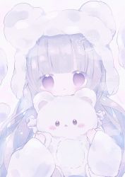 Rule 34 | 1girl, :o, absurdres, amamona p, animal hood, blush, blush stickers, border, commentary request, empty eyes, grey hair, highres, holding, holding stuffed toy, hood, long hair, long sleeves, looking at viewer, no nose, original, parted lips, purple eyes, simple background, solo, stuffed animal, stuffed toy, teddy bear, white border