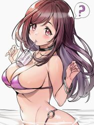 Rule 34 | 1girl, ?, bare shoulders, between breasts, bikini, black choker, blush, breasts, brown eyes, brown hair, choker, cleavage, collarbone, cup, disposable cup, dot nose, drinking, drinking straw, drinking straw in mouth, from side, hands up, highres, idolmaster, idolmaster shiny colors, in water, large breasts, long hair, looking at viewer, mouth hold, multiple bracelets, navel, o-ring, o-ring bikini, object on breast, pink nails, purple bikini, sideboob, simple background, solo, speech bubble, swept bangs, swimsuit, tem10, tsukioka kogane, underboob, upper body, white background