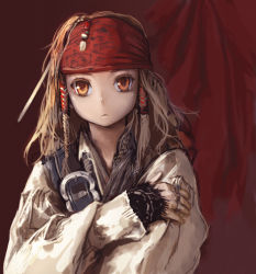 Rule 34 | 1girl, :&lt;, animification, belt, blonde hair, cosplay, gender request, genderswap, headband, jack sparrow, long hair, masakichi, pirate, pirates of the caribbean, solo