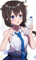 Rule 34 | 1girl, blue eyes, blue necktie, blush, bottle, braid, breast pocket, brown hair, commentary request, hair between eyes, hair flaps, highres, holding, holding bottle, kantai collection, long hair, necktie, official alternate costume, pocket, qqqmei, shigure (kancolle), shigure kai ni (kancolle), shirt, single braid, sleeveless, sleeveless shirt, solo, water bottle, wet, wet clothes, white shirt