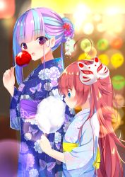 Rule 34 | 2girls, :d, ahoge, animal print, bang dream!, blue eyes, blue hair, blue kimono, blurry, blush, bokeh, butterfly print, candy apple, commentary request, cotton candy, depth of field, eating, floral print, food, fox mask, from side, hair bun, hair ornament, highres, holding, holding food, japanese clothes, kanzashi, kimono, koh (user kpcu7748), long hair, looking at viewer, mask, multicolored hair, multiple girls, nyubara reona, obi, open mouth, pink hair, red eyes, red hair, sash, sidelocks, single hair bun, smile, summer festival, tamade chiyu, two-tone hair, wide sleeves