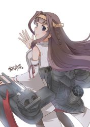 Rule 34 | 1girl, ahoge, artist logo, brown hair, commentary request, detached sleeves, double bun, from behind, grey eyes, hair bun, hairband, headgear, highres, japanese clothes, kantai collection, kongou (kancolle), long hair, machinery, osamada meika, ribbon-trimmed sleeves, ribbon trim, simple background, solo, upper body, white background