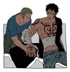 Rule 34 | 1boy, 2boys, bandages, black hair, black pants, blue shirt, chest tattoo, earrings, facial hair, goatee, green hair, halftone, holding another&#039;s arm, holding hands, jewelry, kalk0011, long sideburns, looking at another, male focus, multiple boys, on floor, one piece, pants, pectorals, roronoa zoro, scar, scar across eye, shirt, short hair, sideburns, tattoo, trafalgar law