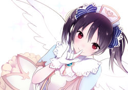 Rule 34 | 10s, 1girl, \m/, angel wings, bad id, bad pixiv id, black hair, blush, bow, dress, gloves, hair bow, hat, long hair, looking at viewer, love live!, love live! school idol festival, love live! school idol project, lpip, red eyes, simple background, skirt, smile, solo, twintails, white gloves, wings, yazawa nico