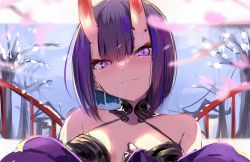 Rule 34 | 1girl, bare shoulders, bob cut, breasts, closed mouth, fate/grand order, fate (series), highres, horns, looking at viewer, oni, outdoors, petals, purple eyes, purple hair, shuten douji (fate), sketch, skin-covered horns, small breasts, smile, snow, solo, spider apple, upper body