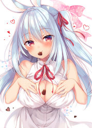 Rule 34 | 1girl, animal ears, bare arms, bare shoulders, blue hair, blush, boku no risou no isekai seikatsu, breasts, candy, chocolate, chocolate heart, cleavage, closed mouth, commentary request, dress, food, food between breasts, food in mouth, hair between eyes, hair ribbon, head tilt, heart, large breasts, long hair, mouth hold, neck ribbon, one side up, open clothes, open dress, rabbit ears, rabimea (ichiri), red eyes, red ribbon, ribbon, sazaki ichiri, sleeveless, sleeveless dress, smile, solo, valentine, very long hair, white dress