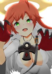 Rule 34 | absurdres, ankh, ankh necklace, bodysuit, breasts, cleavage, spiked halo, cross, gloves, green eyes, guilty gear, guilty gear strive, halo, highres, jack-o&#039; valentine, jewelry, looking at viewer, necklace, open mouth, red hair, solo, white bodysuit