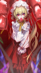 Rule 34 | 1girl, absurdres, balloon, blonde hair, candy, crystal, dress, fingernails, flandre scarlet, food, hat, highres, lollipop, long fingernails, long hair, long sleeves, looking at viewer, mob cap, nail polish, one side up, open mouth, puffy long sleeves, puffy sleeves, red dress, red eyes, red nails, sharp fingernails, shirt, slit pupils, soi soi (mixueeee634), solo, touhou, white hat, white shirt, wings