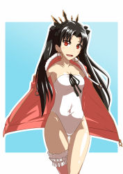 Rule 34 | 1girl, black hair, black ribbon, casual one-piece swimsuit, cowboy shot, earrings, fate/grand order, fate (series), gluteal fold, halcyon (halcyon90), highres, ishtar (fate), ishtar (fate), ishtar (swimsuit rider) (fate), jacket, jewelry, long hair, looking at viewer, one-piece swimsuit, open mouth, pink jacket, red eyes, ribbon, solo, strapless, strapless one-piece swimsuit, swimsuit, tohsaka rin, white one-piece swimsuit