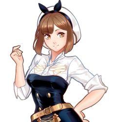 Rule 34 | 1girl, alternate costume, atelier (series), atelier ryza, atelier ryza 1, boots, brown eyes, brown hair, closed mouth, fire emblem, fire emblem: three houses, floof n wool, garreg mach monastery uniform, hand on own hip, hand up, hat, highres, looking at viewer, nintendo, pale skin, reisalin stout, short hair, simple background, thick thighs, thighhighs, thighs, walking