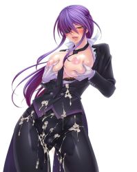 Rule 34 | 00s, 1girl, breasts, butler, cum, cum on body, eyepatch, female focus, formal, kagami hirotaka, large breasts, lilith-soft, long hair, looking at viewer, naughty face, nipples, onmyou kishi towako, partially visible vulva, puffy nipples, purple hair, saliva, shiki reika, shiny skin, smile, solo, sweat, tagme, taimanin (series), taimanin asagi, taimanin asagi kessen arena, tongue, tongue out, yellow eyes