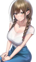 Rule 34 | 1girl, ahoge, blue skirt, braid, breasts, brown hair, hair ornament, hairclip, highres, idolmaster, idolmaster shiny colors, jewelry, kuwayama chiyuki, large breasts, looking at viewer, low twin braids, monegi, necklace, scoop neck, shirt, short sleeves, sitting, skirt, solo, twin braids, white background, white shirt, yellow eyes