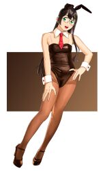 Rule 34 | 1girl, absurdres, animal ears, black hair, black leotard, black pantyhose, breasts, detached collar, fake animal ears, full body, glasses, green eyes, hairband, highleg, highleg leotard, highres, kantai collection, leotard, long hair, looking at viewer, necktie, ojipon, ooyodo (kancolle), open mouth, pantyhose, playboy bunny, rabbit ears, red necktie, semi-rimless eyewear, small breasts, smile, solo, strapless, strapless leotard, under-rim eyewear, wrist cuffs