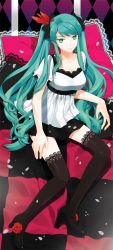 Rule 34 | 1girl, aqua hair, green eyes, hatsune miku, karinzero, lace, lace-trimmed legwear, lace trim, long hair, pillow, skirt, smile, solo, thighhighs, twintails, very long hair, vocaloid, world is mine (vocaloid), yaho