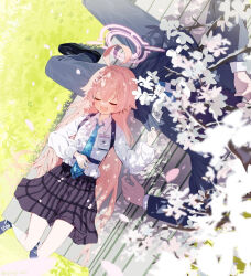 Rule 34 | 1boy, 1girl, ahoge, aji aji nori, bench, black footwear, blue archive, blue footwear, blue necktie, cherry blossoms, closed eyes, clothes grab, collared shirt, double-parted bangs, falling petals, formal, from above, grey pants, grey skirt, grey suit, halo, hoshino (blue archive), id card, kneehighs, long hair, long sleeves, lying, necktie, no gloves, on back, on bench, open mouth, outdoors, pants, petals, pink hair, plaid, plaid skirt, puffy long sleeves, puffy sleeves, sensei (blue archive), shirt, sitting, skirt, socks, strap, suit, very long hair, white shirt, white socks