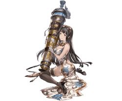 Rule 34 | 10s, 1girl, alternate costume, ass, backless dress, backless outfit, belt, black eyes, black hair, black thighhighs, blunt bangs, breasts, butt crack, china dress, chinese clothes, dress, gloves, goggles, goggles on head, granblue fantasy, high heels, holding, holding weapon, huge weapon, jessica (granblue fantasy), large breasts, long hair, m1 bazooka, minaba hideo, official art, pumps, rocket launcher, sitting, smile, solo, strap, tassel, thighhighs, transparent background, weapon, white gloves