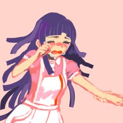 1girl apron aynoh blush cowboy_shot crying d: danganronpa_(series) danganronpa_2:_goodbye_despair hand_up holding_another&#039;s_wrist long_hair open_mouth pink_shirt puffy_short_sleeves puffy_sleeves purple_hair shirt short_sleeves simple_background solo_focus tears tsumiki_mikan white_apron