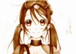 Rule 34 | 1girl, amanchu!, artist name, blush, collar, commentary request, godees, goggles, goggles on head, graphite (medium), hair between eyes, long hair, looking at viewer, monochrome, ooki futaba, portrait, sepia, simple background, smile, snorkel, solo, text focus, traditional media, translation request, twintails, white background