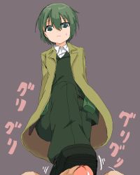 Rule 34 | 00s, androgynous, artist request, belt, boots, clothed female nude male, coat, dress shirt, footjob, formal, gender request, green eyes, green hair, kino (kino no tabi), kino no tabi, nude, penis, pouch, shirt, short hair, simple background, suit, sweat, tomboy, uncensored